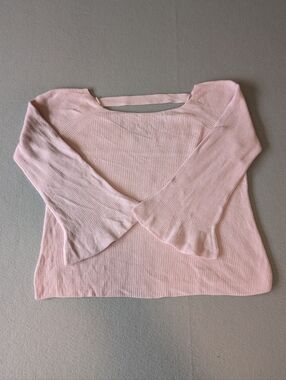 LOFT Pink Strappy Back Bell Sleeve Ribbed Knit Cotton Silk Blend Sweater Size M